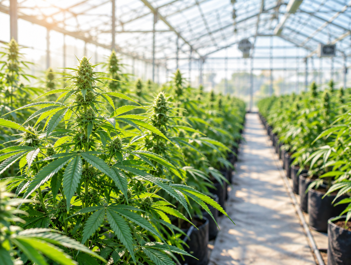 Rows of hemp plants in a greenhouse