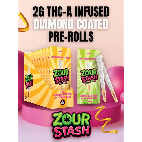 ZOUR STASH EXOTIC THC-A DIAMOND COATED 2G x 2CT PRE ROLL JOINTS | DISPLAY OF 10 (MSRP $each)