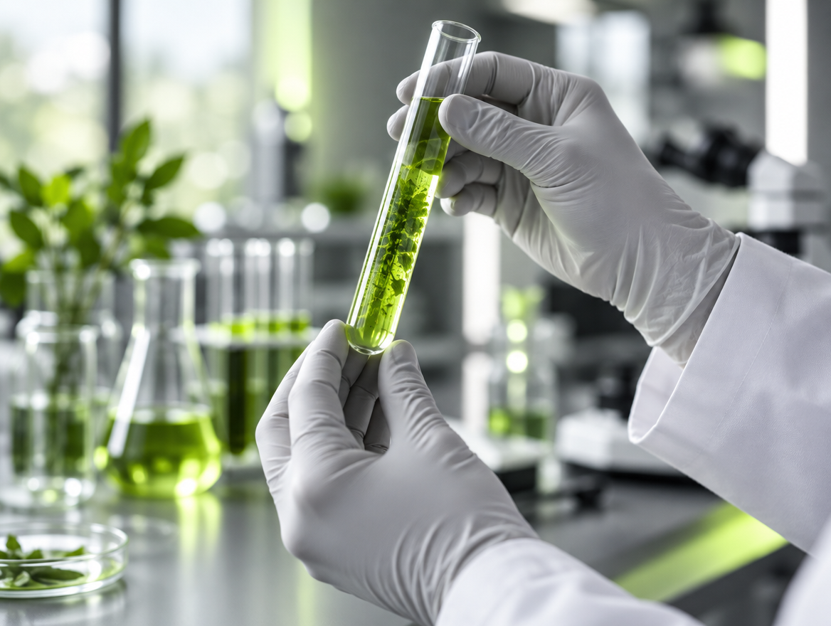 Gloved hands holding a test tube in a lab